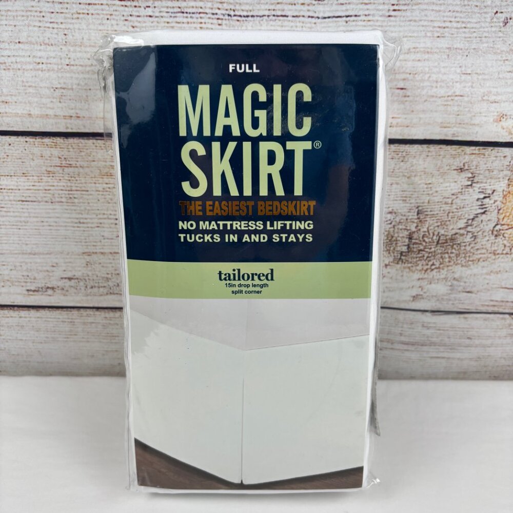 Magic Skirt Full Size Mattress BedSkirt Tailored No Mattress Lift 15" Drop White